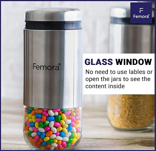 Femora Kitchen Storage Jars Steel Body With See Through Bottom Jar | 350 Ml | Pack of 4
