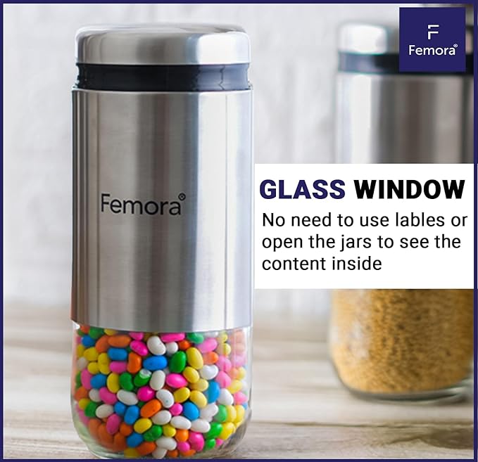 Femora Kitchen Storage Jars Steel Body With See Through Bottom Jar | 550 Ml | Pack of 4