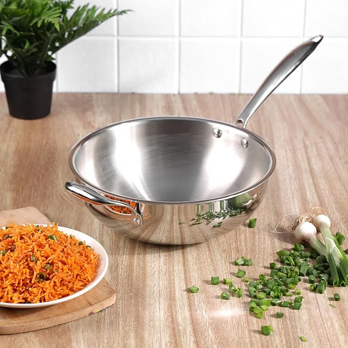 Vinod Platinum Triply Stainless Steel Wok - 3 Litre, 26 Cm | Riveted Handle | Stir, Shallow Fry | Noodles | Curry | Fried Rice | Induction Base
