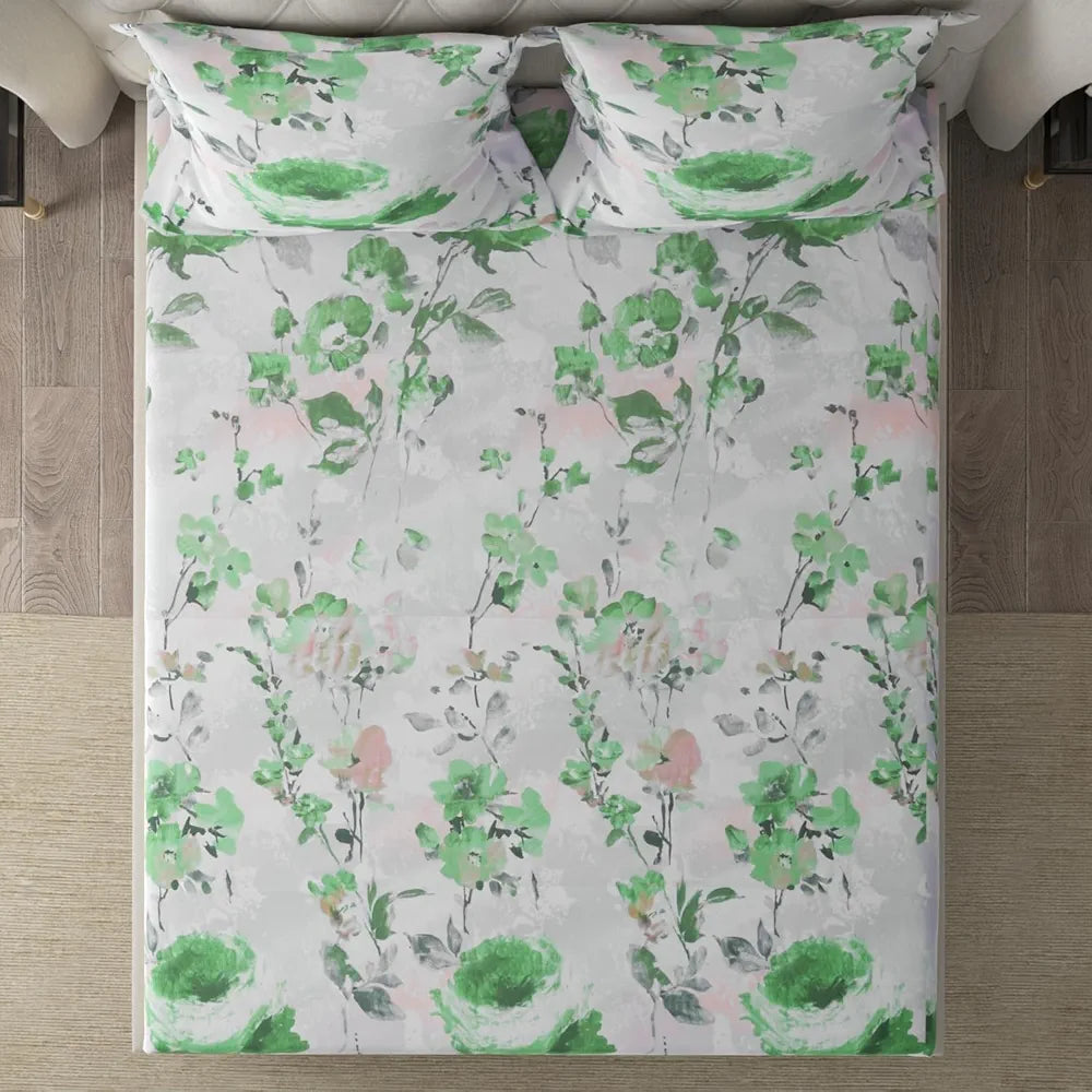 Cloth Fusion Glace Cotton Elastic Fitted Bedsheet for Double Bed King Size with 2 Pillow Covers Garden Mist