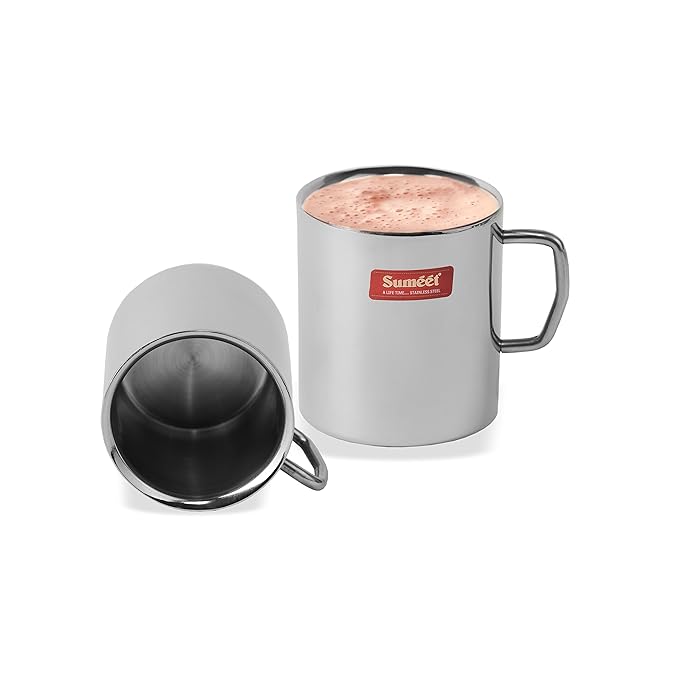 Sumeet Stainless Steel Double Wall Tea and Coffee Big Mug Set of 2Pcs (300 ml Each)