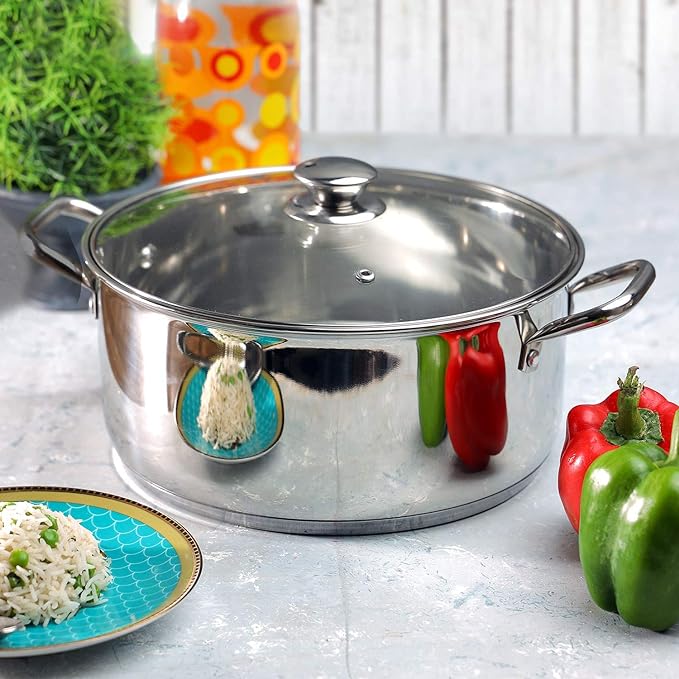 Vinod Roma Stainless Steel Saucepot with Glass Lid - 2.2 Litre, 18 cm | Sandwich Bottom | Rivetted Handle