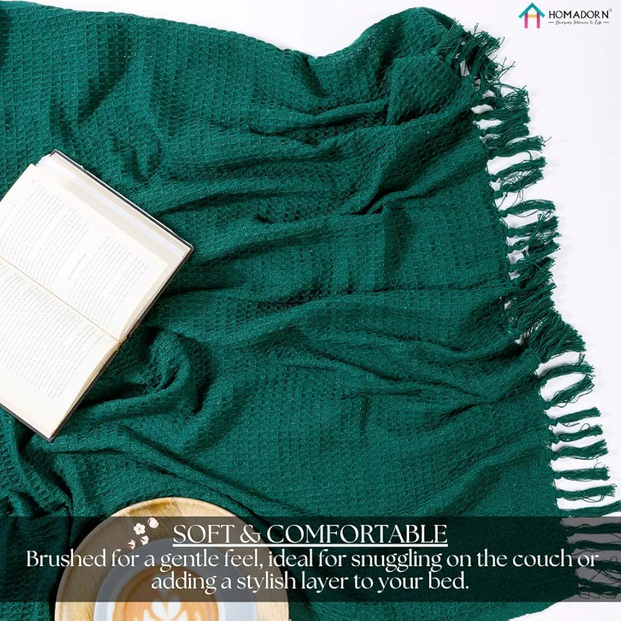 Homadorn Waffle Weave Cotton Throw Blanket Colour Bottle Green