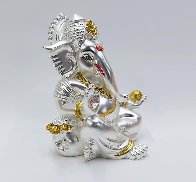 Gold Art India Matte Silver Plated Gaddi Ganesh Idol For Car Dashboard Small Ganesha Murti