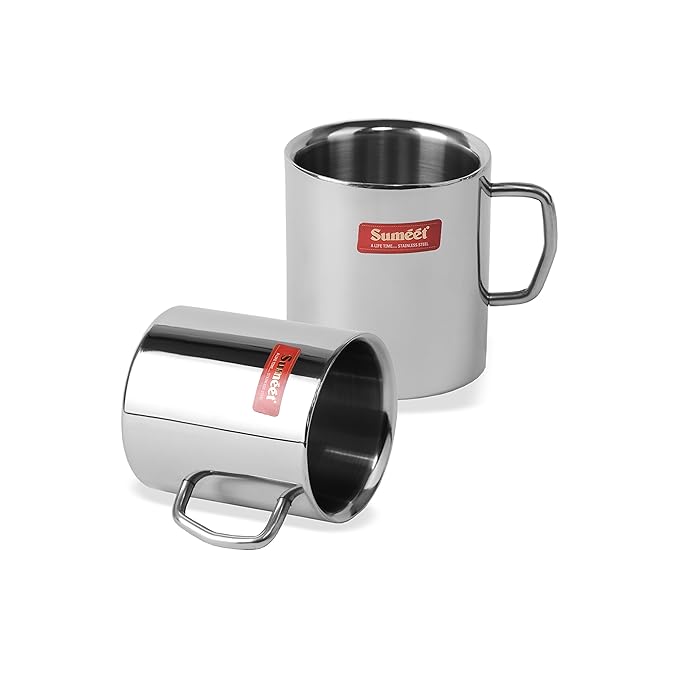 Sumeet Stainless Steel Double Wall Tea and Coffee Big Mug Set of 2Pcs (300 ml Each)