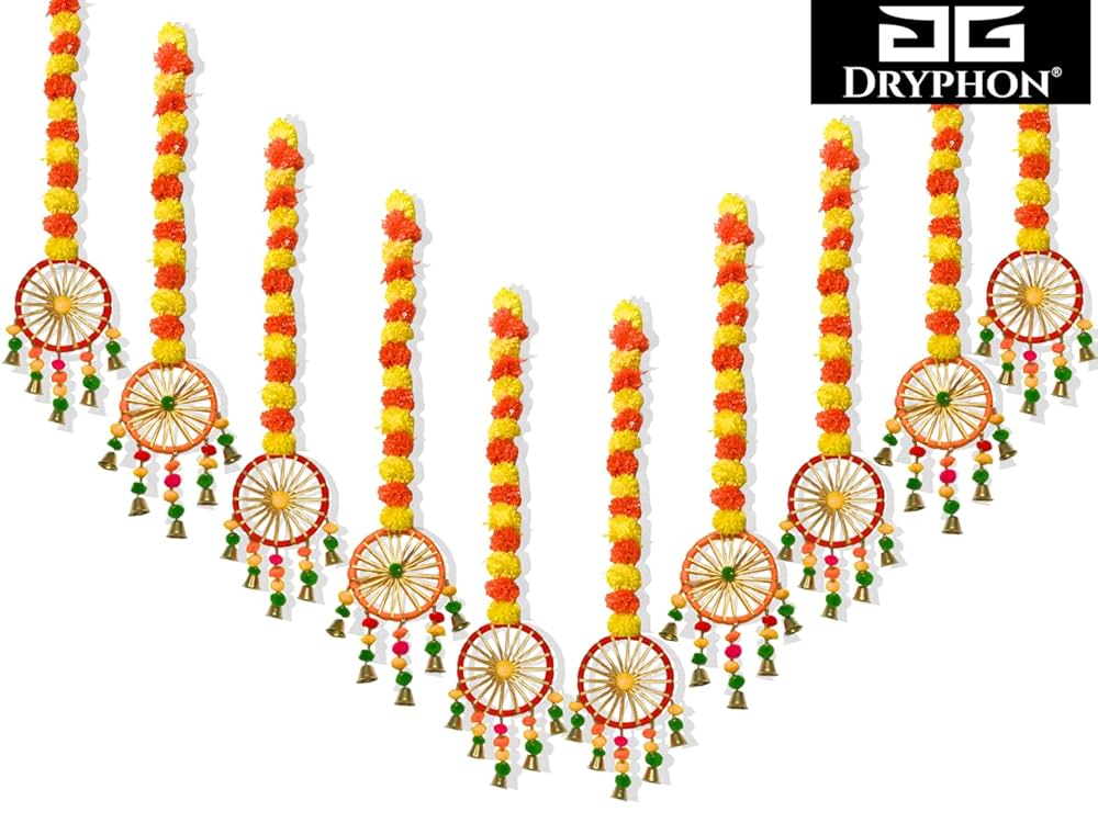Artificial Marigold Flowers for Decoration with Pom Pom Ring Bell Hanging Garlands Yellow Orange