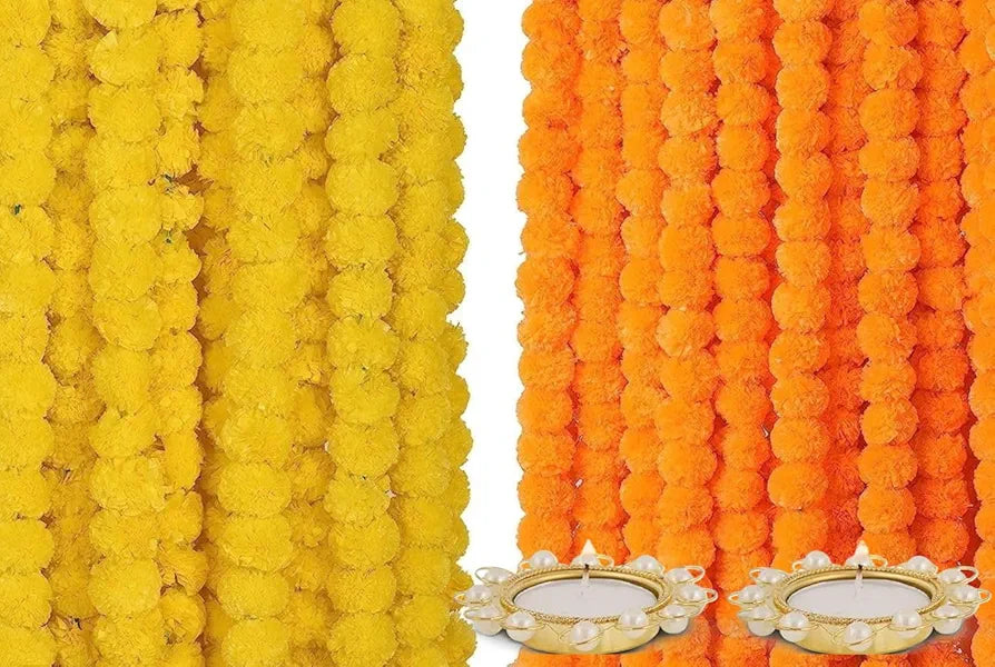 Indian Made in Bharat Artificial Marigold Flowers for Decoration Garland 400gsm Each 5 Feet Long 10 Pcs with 2 Diya 5 yellow+5 Orange Merigold