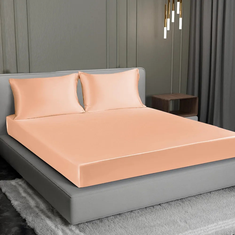 Cloth Fusion Satin Elastic Fitted Bedsheet for Double Bed King Size with 2 Pillow Covers H603 280 TC Peach