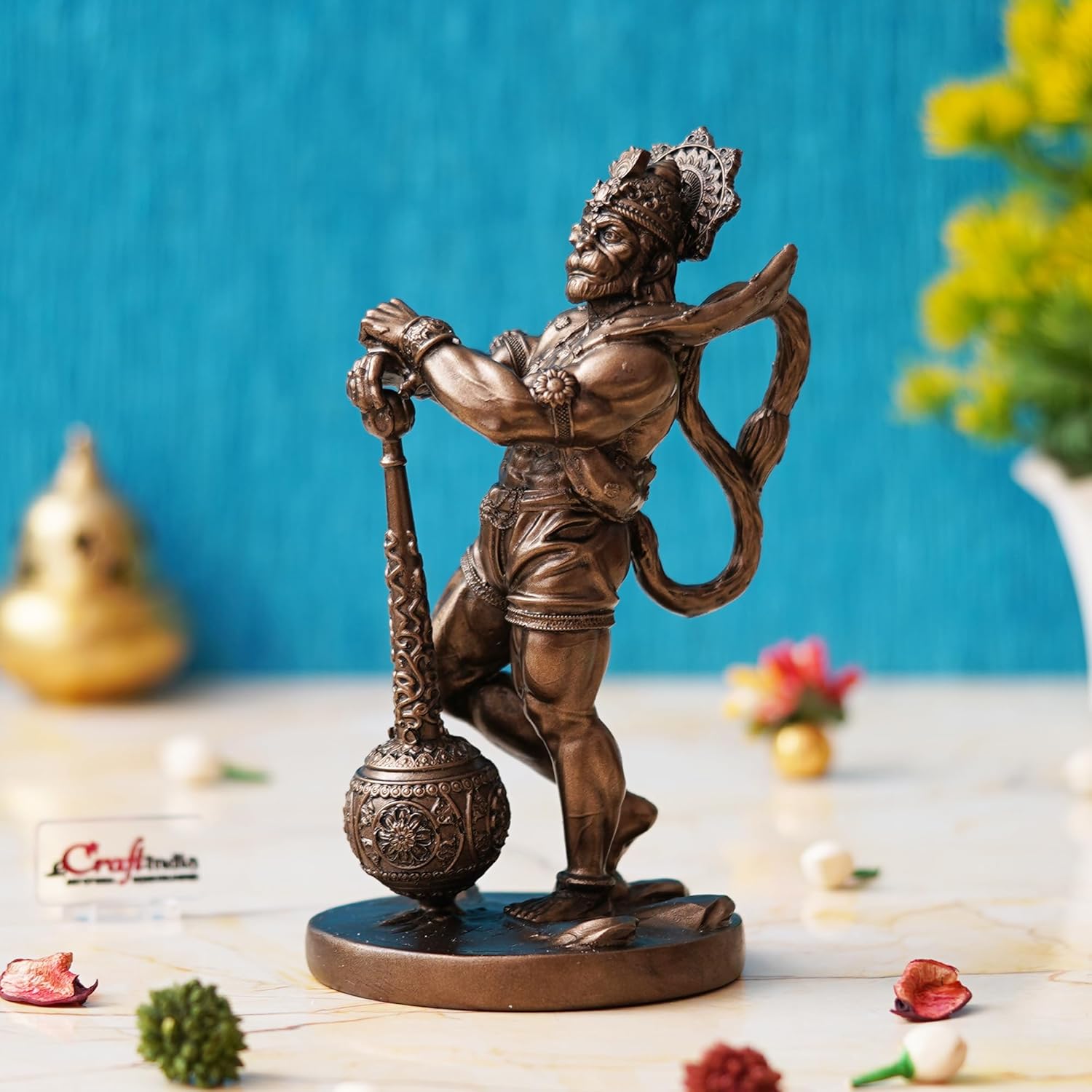 Ecraftindia Golden Polyresin Handcrafted Standing Lord Hanuman Statue With Gada/ Mace | Ideal for Hanuman Jayanti