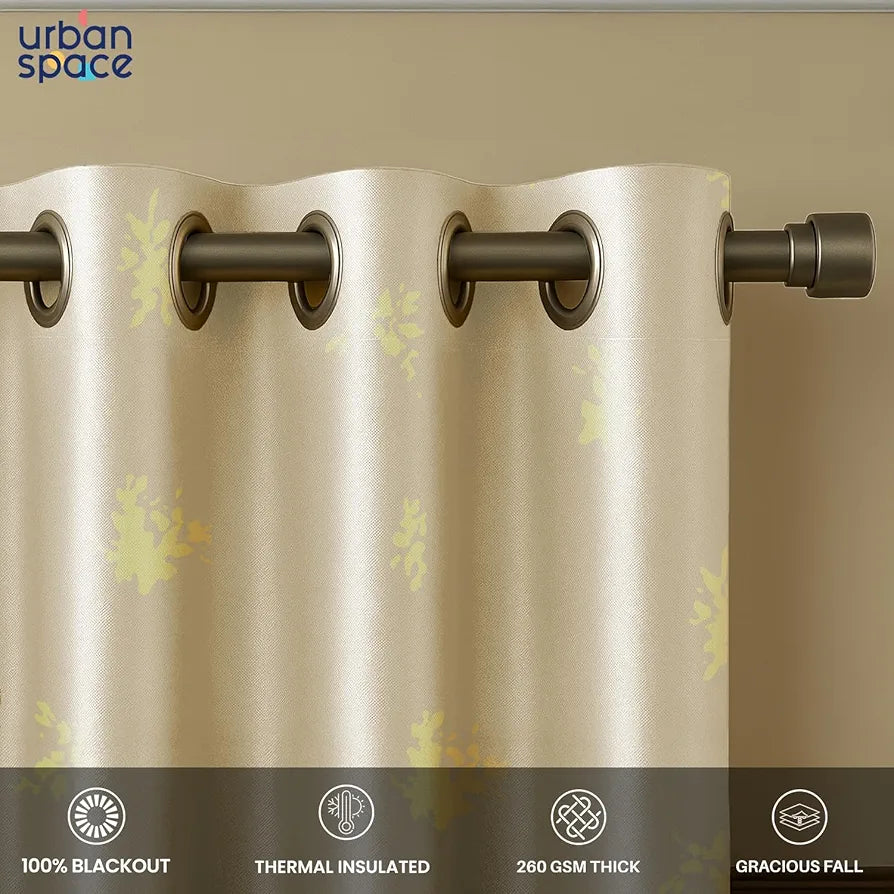 Urban Space Blackout Curtains for Living Room, Gold Foil Printed Luxurious Blackout Decorative Door Curtain Eyelet with Tieback, 1 Piece Crackle Beige