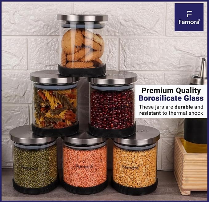 Femora Storage Jars Borosilicate Glass With Silicon Bottom Air Tight Jar With Steel Lid | 900 Ml