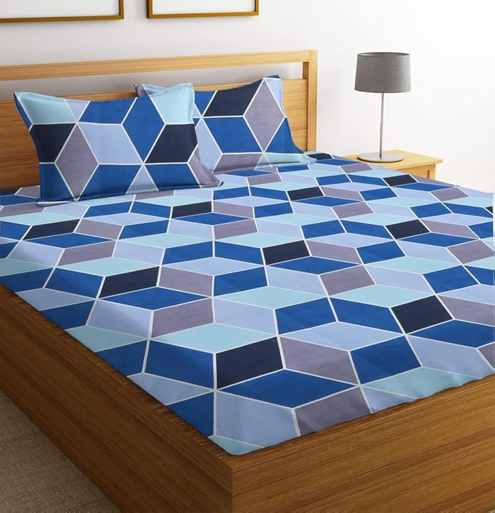 BSB HOME Prime Collections 160tc Pure Microfiber Glace Cotton Double Bedsheet with 2 King Size Pillow Covers-Blue and Grey