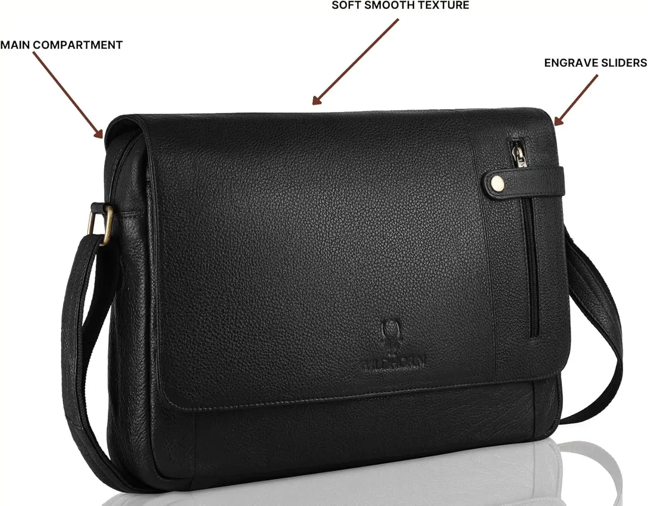 WildHorn Leather Messenger Bag for Men/Office Bag for Men I Padded Laptop Compartment with Adjustable Strap I DIMENSION : L-15 inch W-3 inch H-12 inch