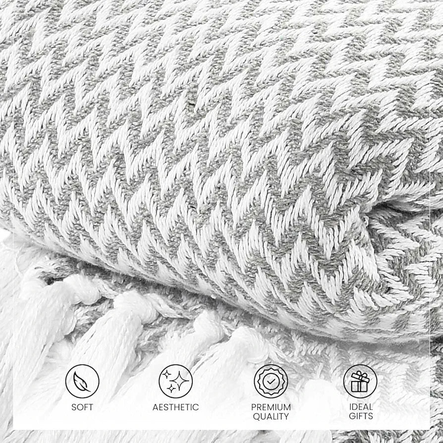 Sashaa World Chevron Throw Blanket Handwoven with Fringes Colour Grey