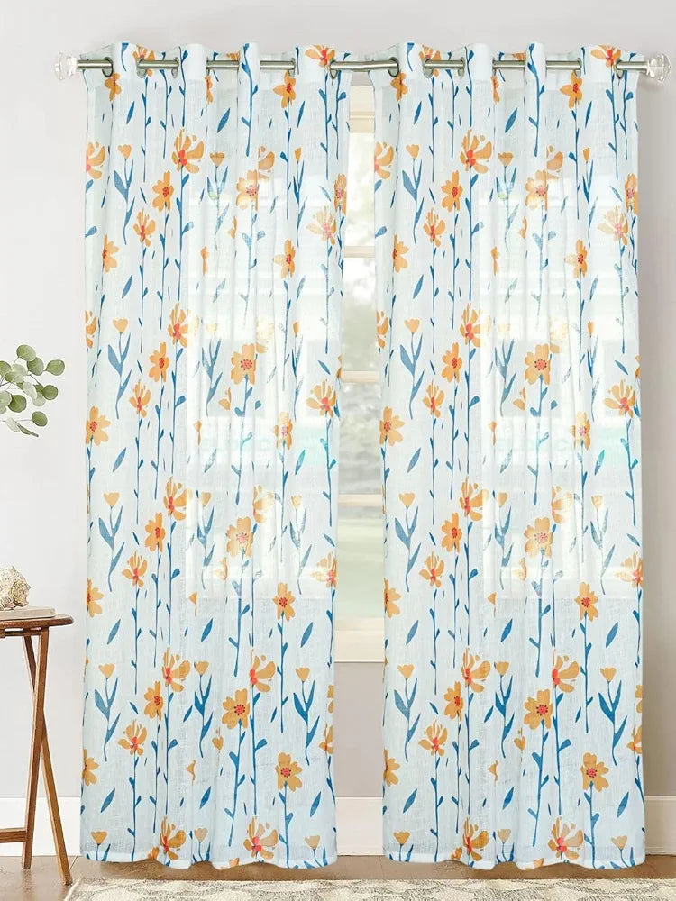 Homadorn Linen Sheer Printed Semi Transparent Curtains for Window Set of 2 Colour Yellow Sunshine