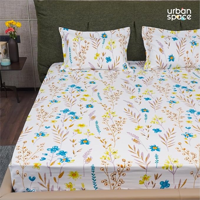 Urban Space Serene Cotton Floral Bedsheet For Double Bed 2 Pillow Covers (Colour France Blue)