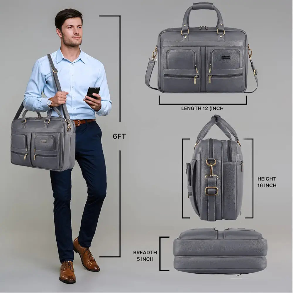 WildHorn Leather 15.6 inch Laptop Messenger Bag for Men I Multi- Pockets I Extra Storage I Carry Handles I Adjustable Strap