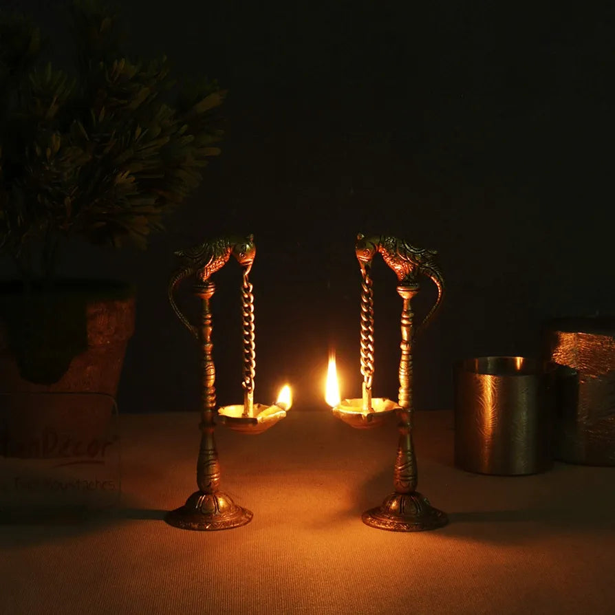 Two Moustaches Parrot Design 7.5 Inches Brass Hanging Diya Pair