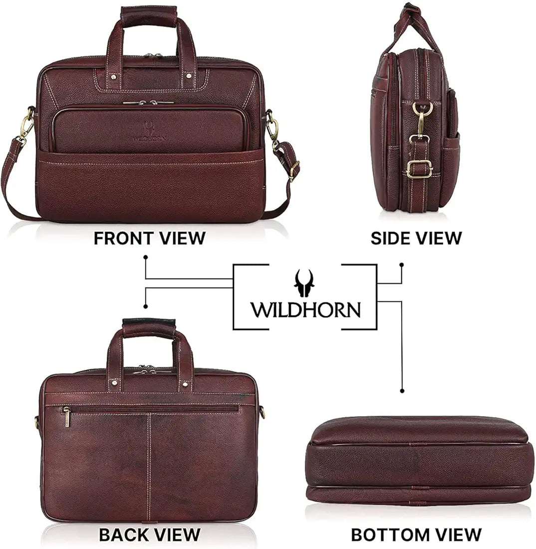 WildHorn Classic Leather 16 inch Laptop Messenger Bag for Men I Office Bags I Travel Bags I Carry Handles with Adjustable Strap I Dimension: L- 16 inch H-12 inch W- 4 inch