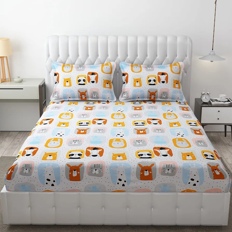 Fresh From Loom Bed Sheet with 2 Pillow Cover Cartoon Printed Double Bed King Size Kids Bedsheet for Boys & Girls Room 144 TC Multi-Color 1