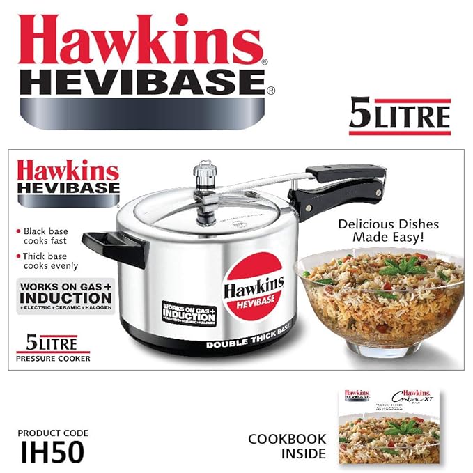 Hawkins 5 Litre Hevibase Pressure Cooker Induction Inner Lid Cooker Silver