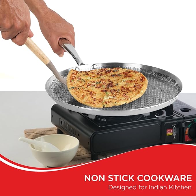 Vinod SAS Pro Platinum Triply Stainless Steel Dosa Tawa - 31 cm | 4.0 mm Thick | Hexa Design | Metal Spoon Friendly | Riveted Handle | Induction Base