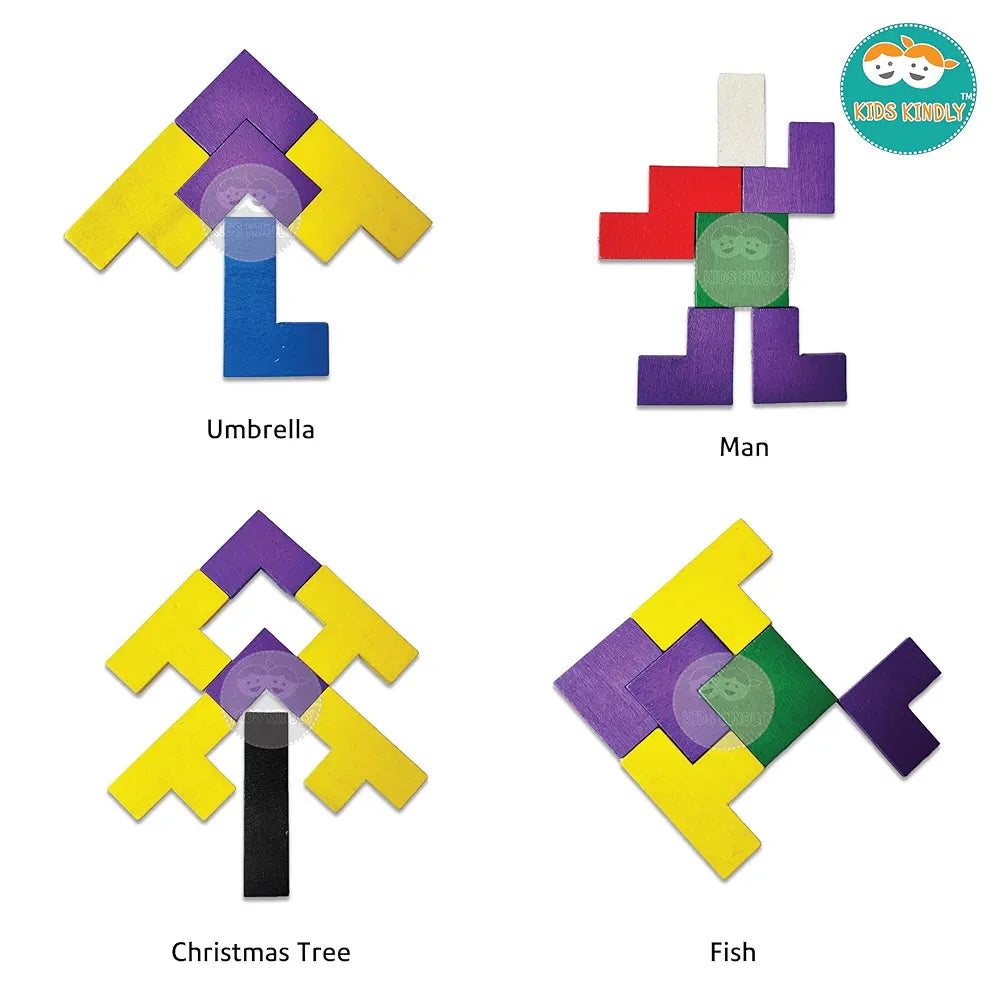 KIDS KINDLY Wooden Jigsaw Puzzle, Tetris Board Game, Monteszori Toys for Preschoolers, Multicolour, Age 3+