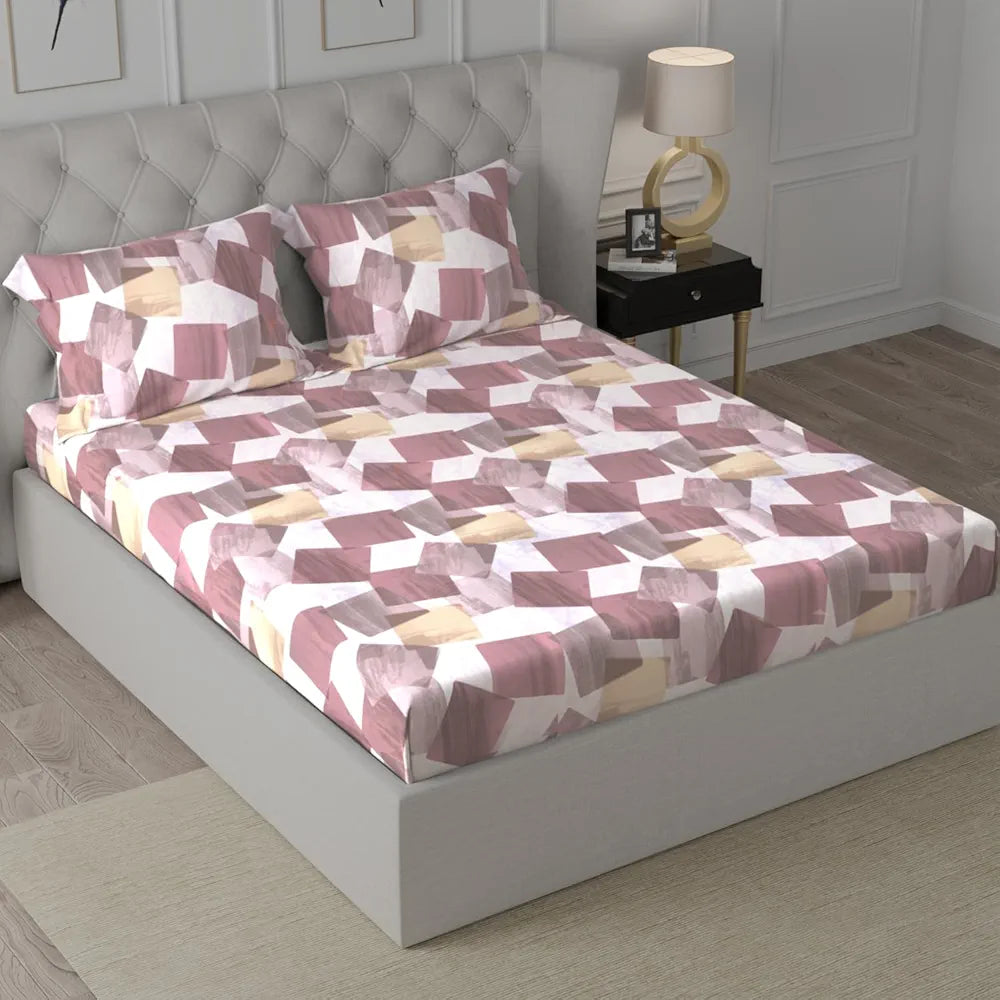 Cloth Fusion Glace Cotton Elastic 18Floral Beige6tc Abstract Fitted Bedsheet for Double Bed King Size with 2 Pillow Covers Square Brown