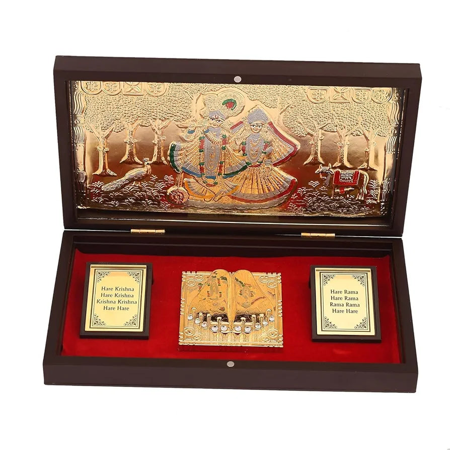 Jaipur Ace Gold Plated Radhe Shyam Charan Paduka Yantra Devotional Prayer Box Wooden Momento With Natural Fragrance