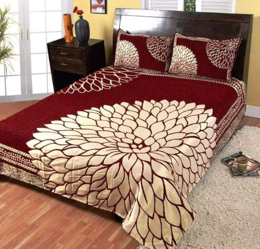 Fresh From Loom Floral Chenille Velvet 500 TC 1 Double Bed King Size Bedsheet with 2 Pillow Cover Marigold Wine