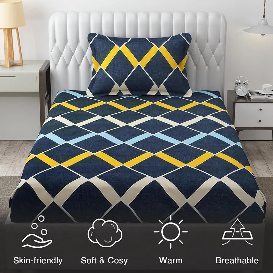 Fresh From Loom Microfiber Single Size Single Geometric Bedsheet with 1 Pillow Covers 144 TC Slate Grey