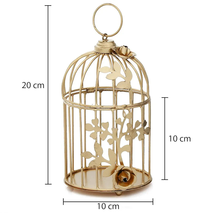 WebelKart Gold Color Metal Bird Cage Tea Light Holder with Flower Vine