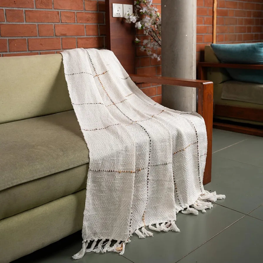 Urban Space Handmade Pure Cotton Sofa Throw Blanket, Soft Decorative Throw for Living Room, Sofa, Chair and Couch, Reversible and Breathable Throw -200 TC White checks