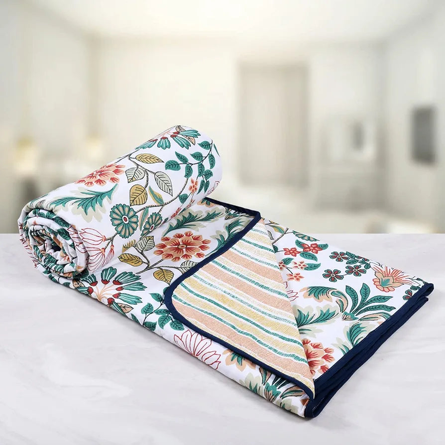 Cloth Fusion Reversible Dohar Double Bed, Soft Cotton Blend AC Blanket for Summer Floral Green