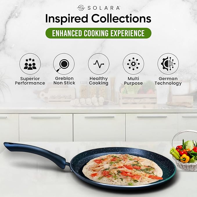 Solara Granite Dosa Tawa Non Stick Pan 28cm, Dosa Tawa Induction Base & Gas Compatible With Soft-touch Handles | Black Colour