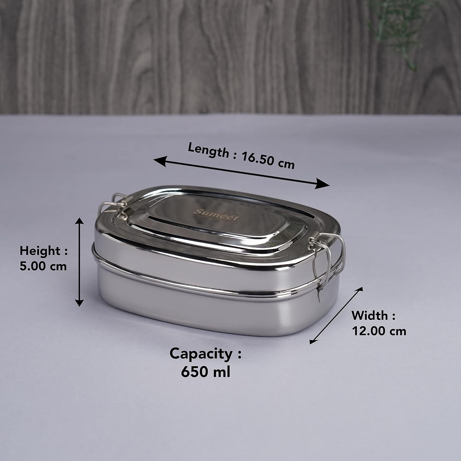 Sumeet Stainless Steel Rectangle Lunch Box/Tiffin  Set of 2 Pcs 650 ml Each Silver