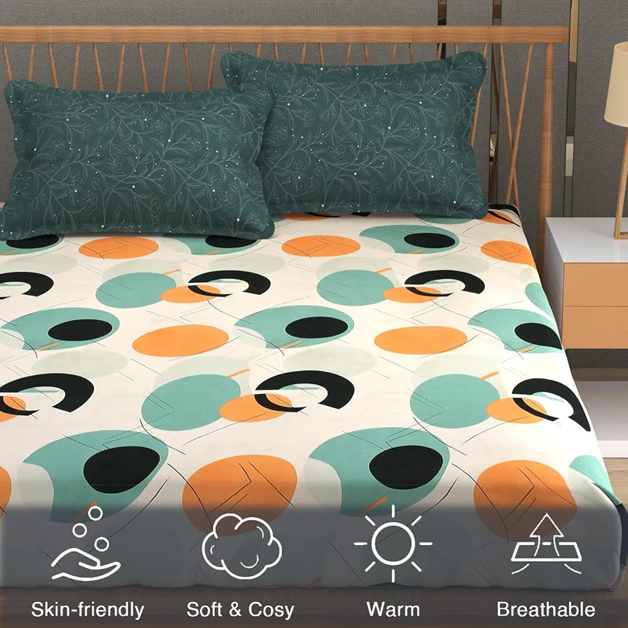 Fresh From Loom Double Bed King Size Bedsheet 240 TC Anti Fade Printed Bed Cover with 2 Pillow Cover Oval Seegreen