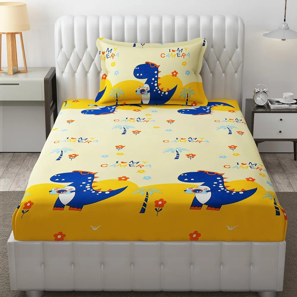 Fresh From Loom Elastic Fitted Bed Sheet Cartoon Printed Bedsheet for Kids 300 TC Multicolor Cream and Blue