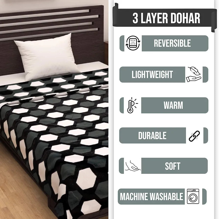 Divine Casa TC - 120 Printed Three-Layer Cotton Cambric Reversible AC Dohar Blanket for Single Bed Soft Lightweight Colour Tawny Olive & Trigonal Design