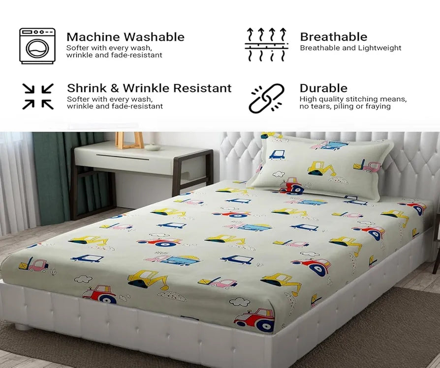 Fresh From Loom Glace Cotton Cartoon Printed Single Bedsheet With One Pillow Cover Kids Bedsheet 144 TC Cream