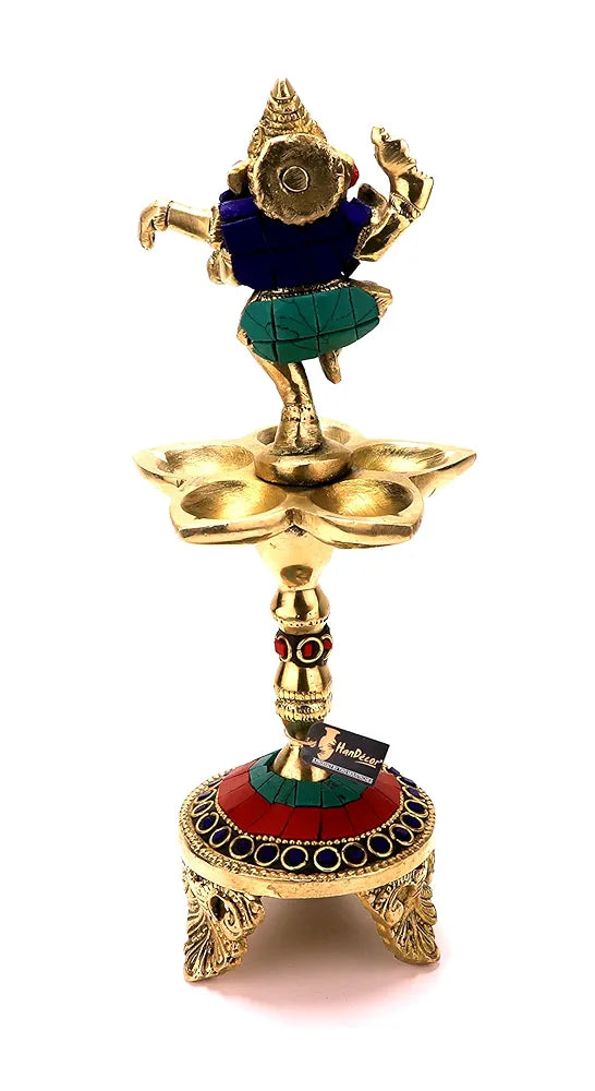 Two Moustaches Gemstone Work Dancing Ganesha Over Ethnic Legs Five Oil Wick Brass Diya