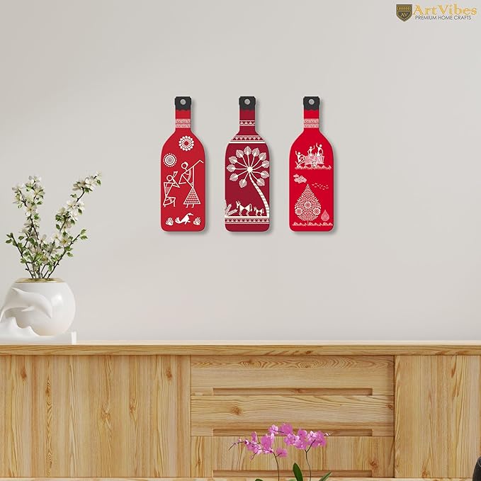 Artvibes Tribal Warli Art Wooden Wall Hanging for Home Decor | Set of 3