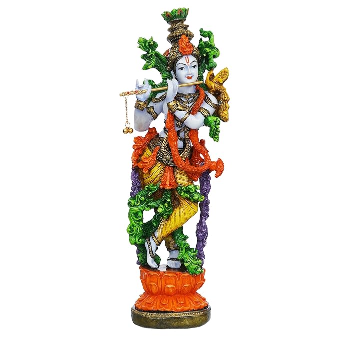 Ecraftindia Handcrafted Polyresin Colorful Standing Lord Krishna Idol Playing Flute Statue