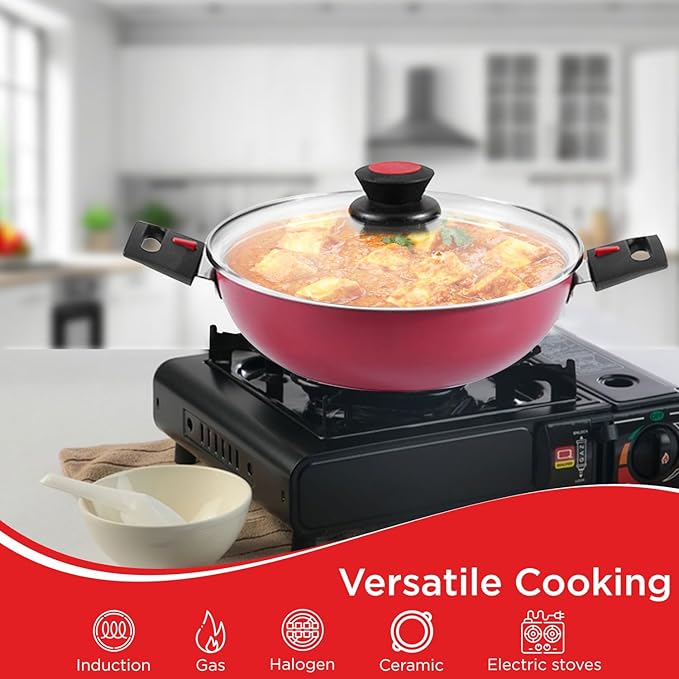 Vinod Popular Aluminium Non Stick Kadai With Detachable, Removeable Handles - 2.5 Litres | 24 Cm | 3 Mm Thick | Kadhai With Glass Lid