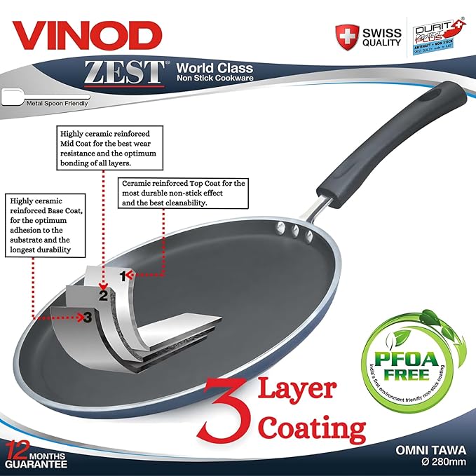 Vinod Zest Aluminium Non Stick Dosa Omni Tawa - 25cm | 3mm Extra Thick | 3 Layer Ceramic Coat | Bakelite Handle