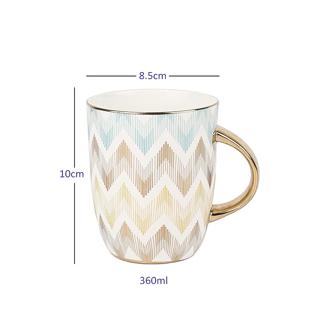 Femora India Pastel Chevron Caremic Coffee Mugs | 360 Ml, Golden | 1 Piece Set | Not Microwave Safe
