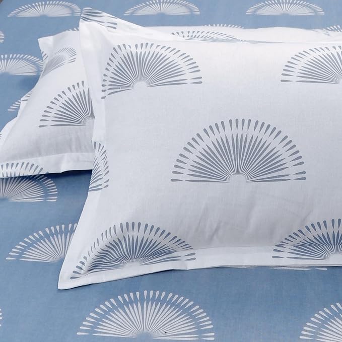 Huesland by Ahmedabad Cotton 144 Tc Bedsheet for King Size Bed With 2 Pillow Covers | Sunrise | Powder Blue & White