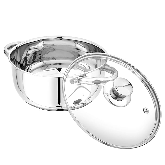 Pristine Stainless Steel Tri Ply Induction Base Cook n Serve Casserole with Glass Lid, 16cm - 840 gms