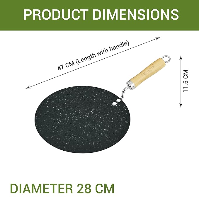 Femora Carbon Steel Tawa With Wooden Handle | 3 Layer Non-stick Coating Tawa | Black | Diameter | 28 Cm