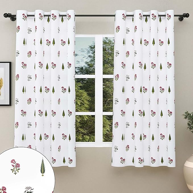 Haus & kinder Cotton Curtains Set of 2 for Bedroom Window Door Curtains (5ft x 5ft) | Colour Garden of Joy Pink